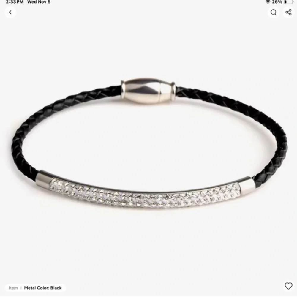 New Silver Bar Bracelet Blacjk Leather - Magnetic Clasp